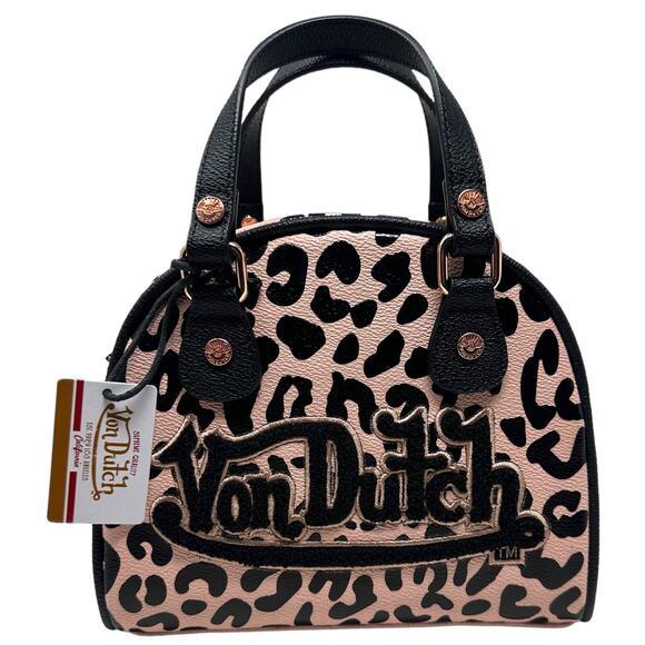 Von Dutch Women's Pink Black Cheetah Small Bowling Crossbody Hand Bag - Picture 3 of 11